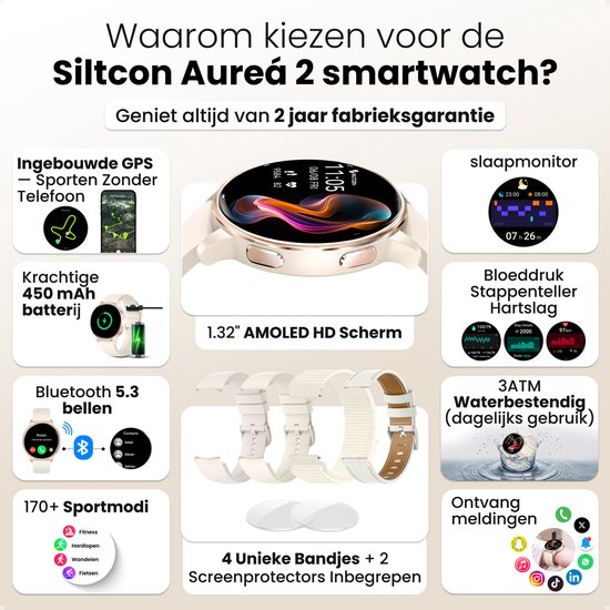 Een Siltcon Auréa 2 smartwatch met verschillende bandjes, schermafmetingen en functies.