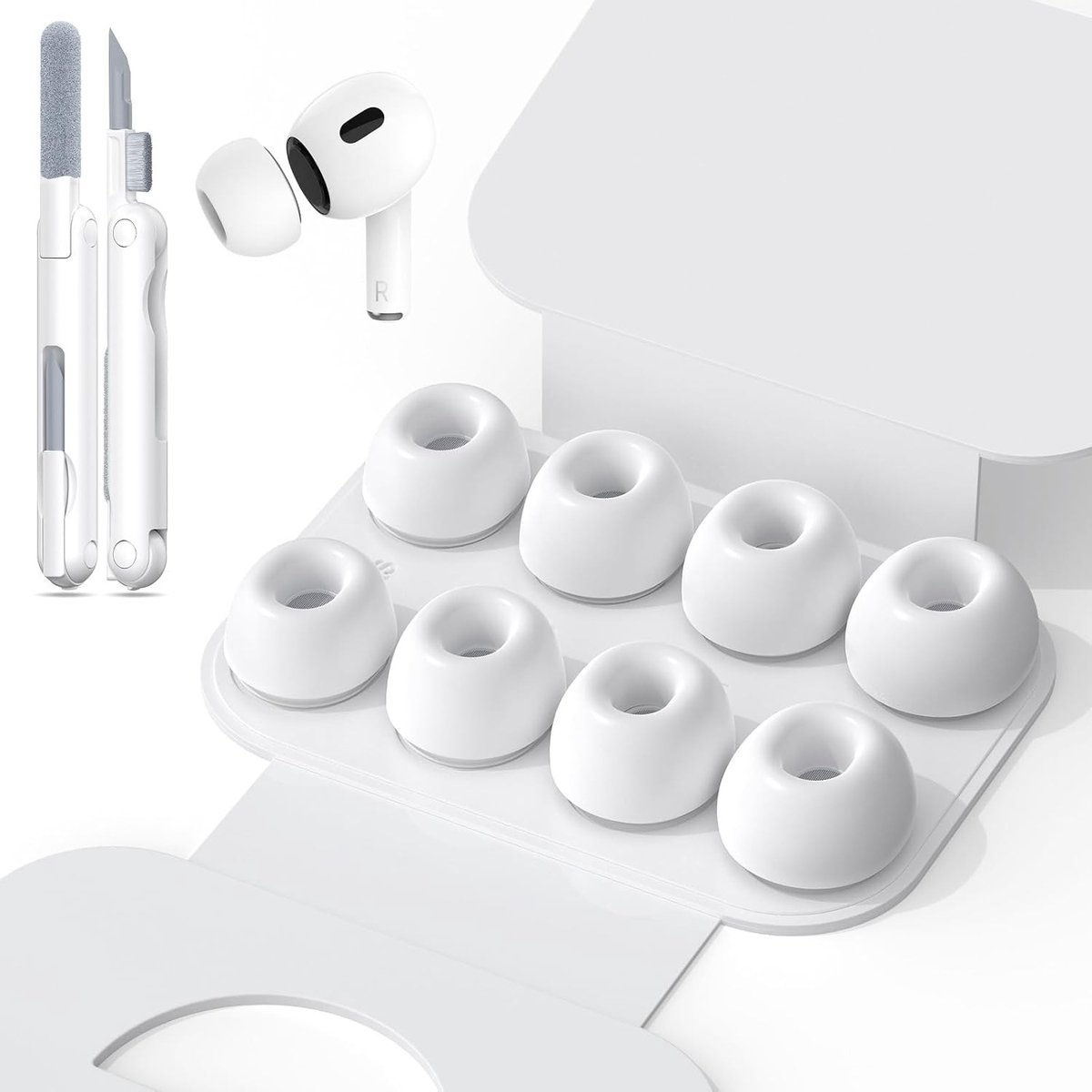Draadloze Oordopjes met Multifunctionele Reinigingspen, Zachte Siliconen Vervangpads en Borstel voor Hoofdtelefoons en Oplaadcase, Wit