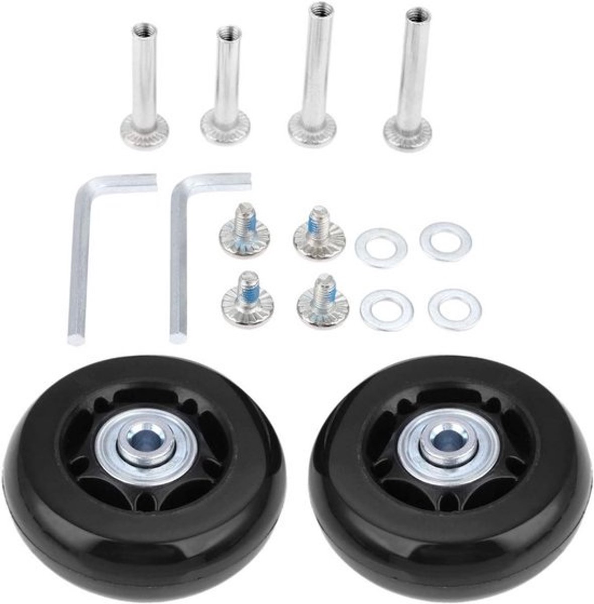 Zwarte kofferwielen vervangset van 64x18mm met assen en gereedschap