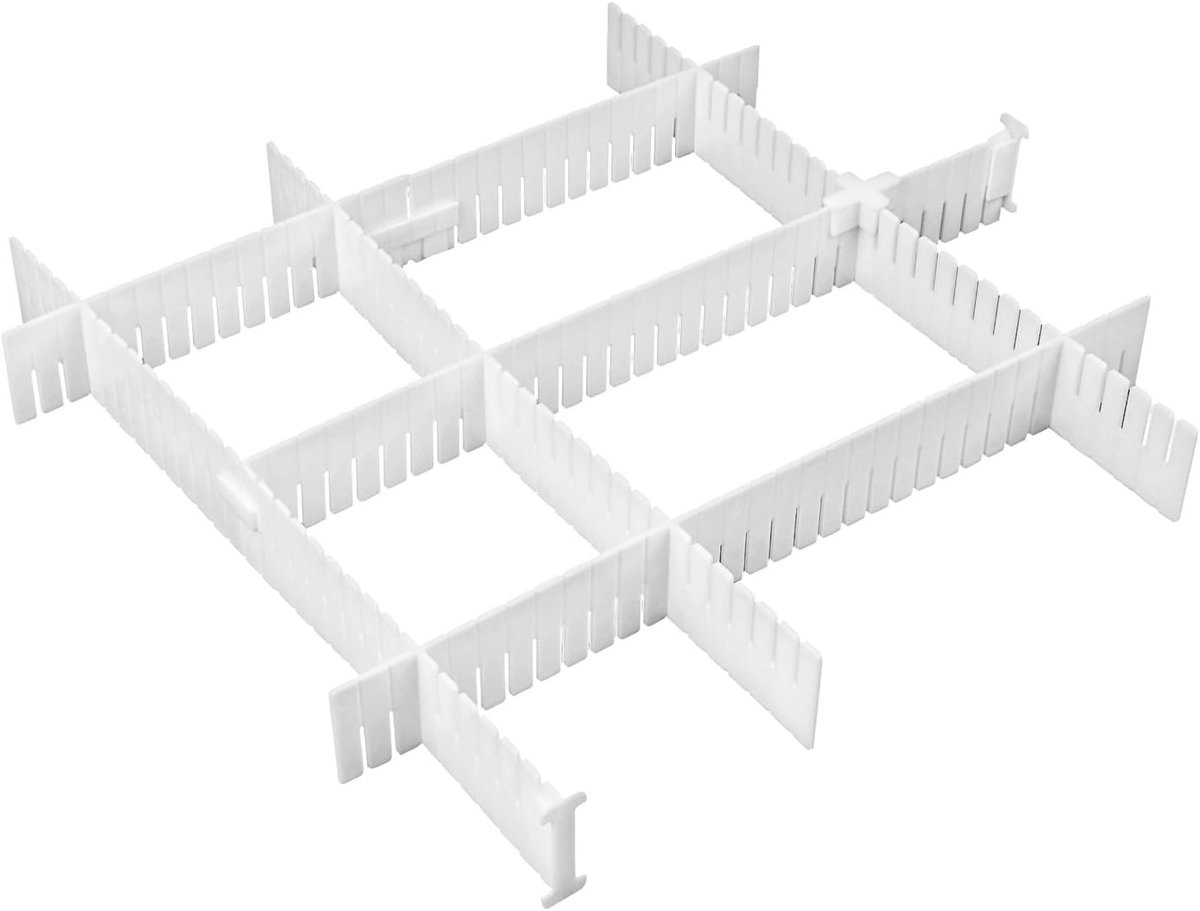 Lade-indelers - Wit - 40,5 x 5 cm - Verstelbaar met 30 Bevestigingsclips - Voor Organisatie van Kasten en Lades