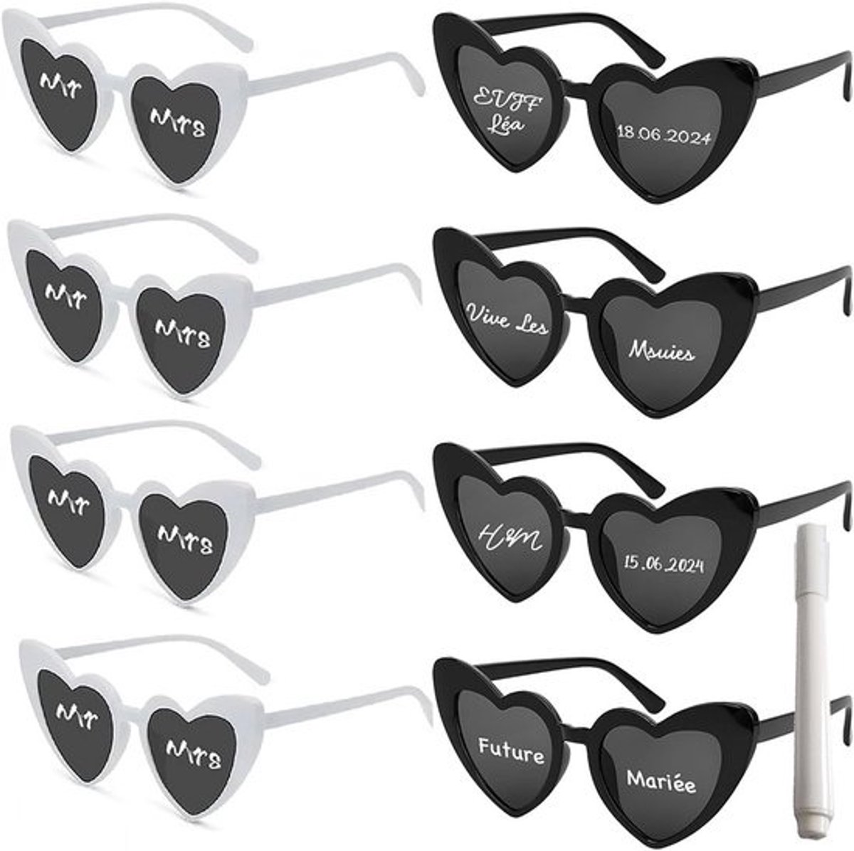 8x Hartvormige Zonnebrillen Set met Pen voor Feestdecoratie