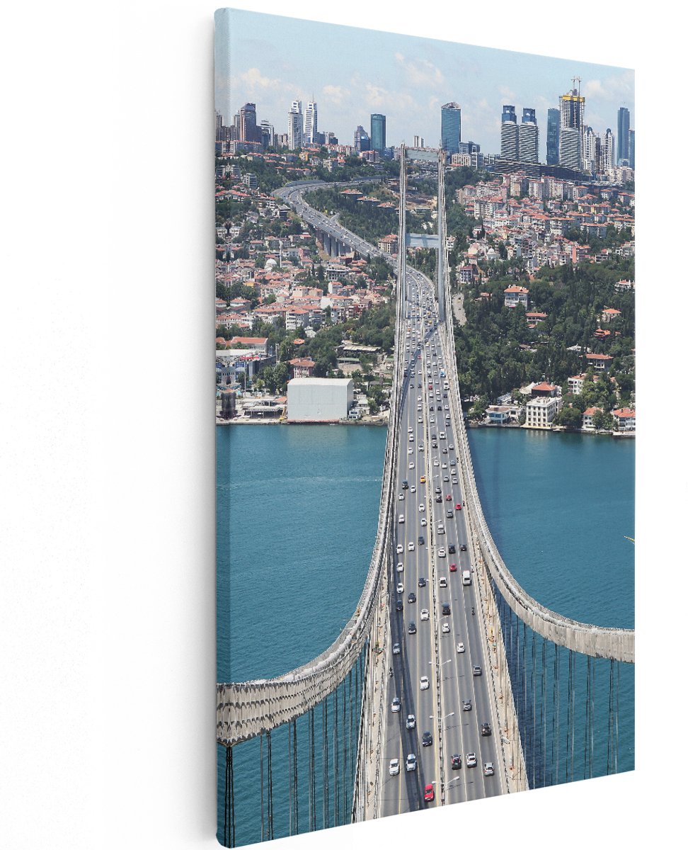 Artaza Canvas Schilderij Istanbul Bosporus Brug Vanaf Boven - 120x180 cm - Groot - Wanddecoratie Woonkamer - Schilderijen - Muurdecoratie