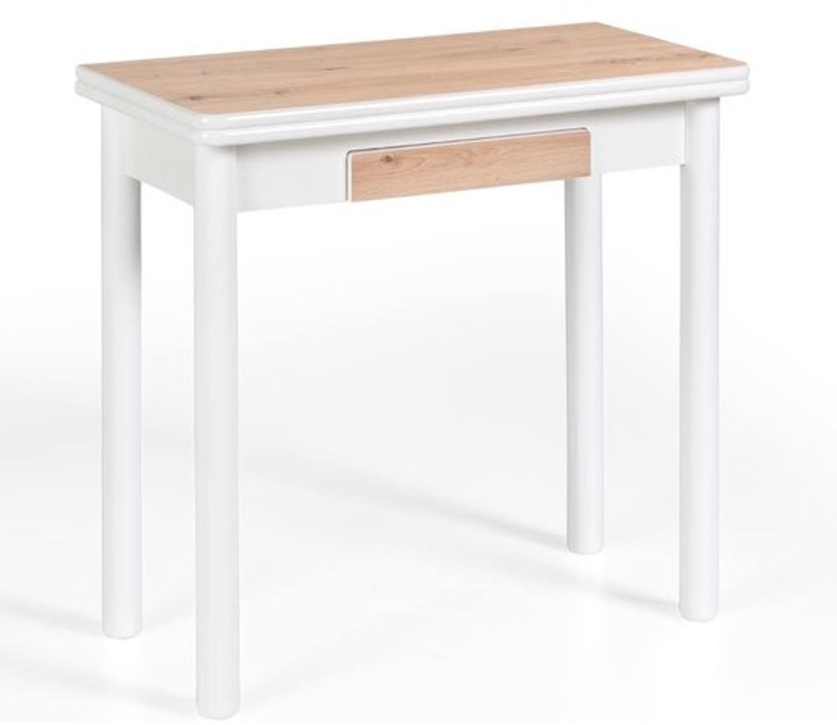 Uittrekbare eettafel met lade, moderne eettafel in rustiek eiken en wit, compact en multifunctioneel