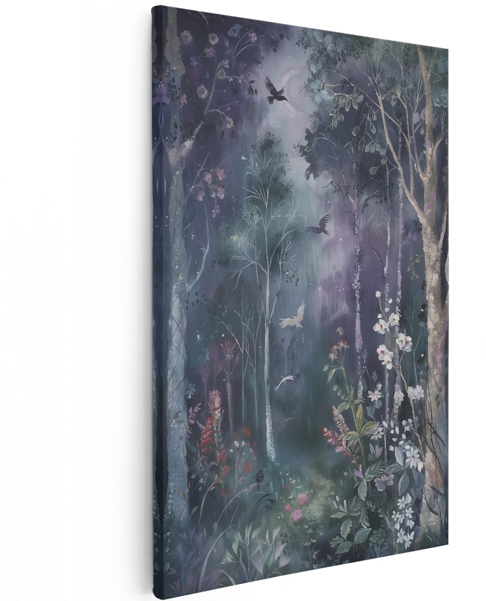 Artaza Canvas Schilderij Bos met Vogels en Bloemen - Bloemen - 120x180 cm - Groot - Wanddecoratie Woonkamer - Schilderijen - Muurdecoratie