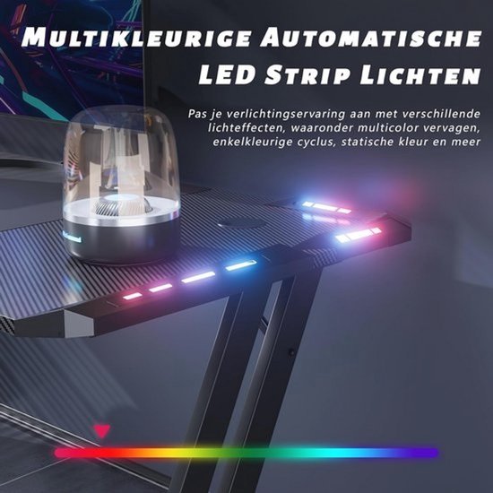 Gaming Bureau 120 x 60cm met LED Verlichting, Ergonomische Z-vormige Computertafel voor Studie en Spel, Inclusief Bekerhouder en Hoofdtelefoonhaak, Zwart — afbeelding 2