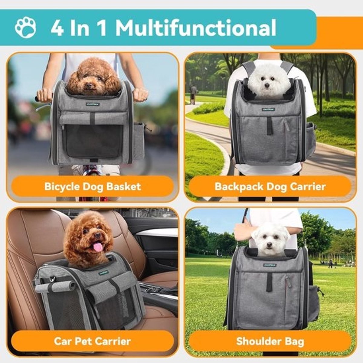 Hondenfietsmand voor honden tot 10 kg - Opvouwbare en ademende hondenmand met 4-in-1 functies