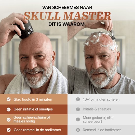 Man scheert zijn hoofd met de Skull Master, voor en na. Links kaal hoofd, rechts met scheerschuim.
