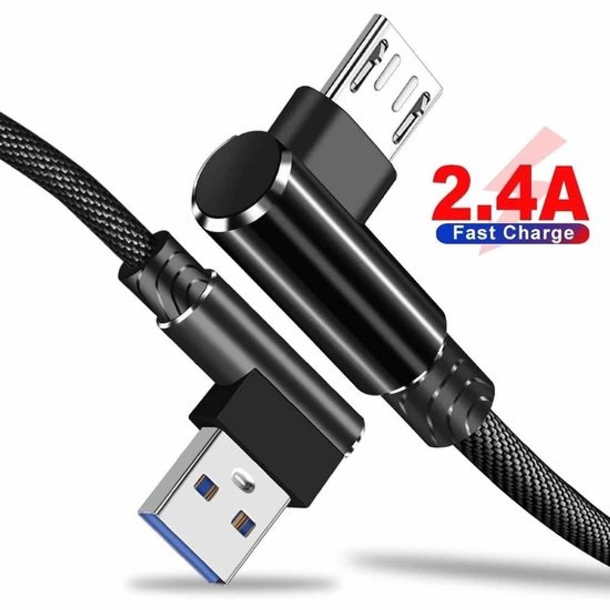 2 stuks Micro USB Kabel 90 Graden Lichaam Nylon Gevlochten Oplaadkabel Snel 2 Meter