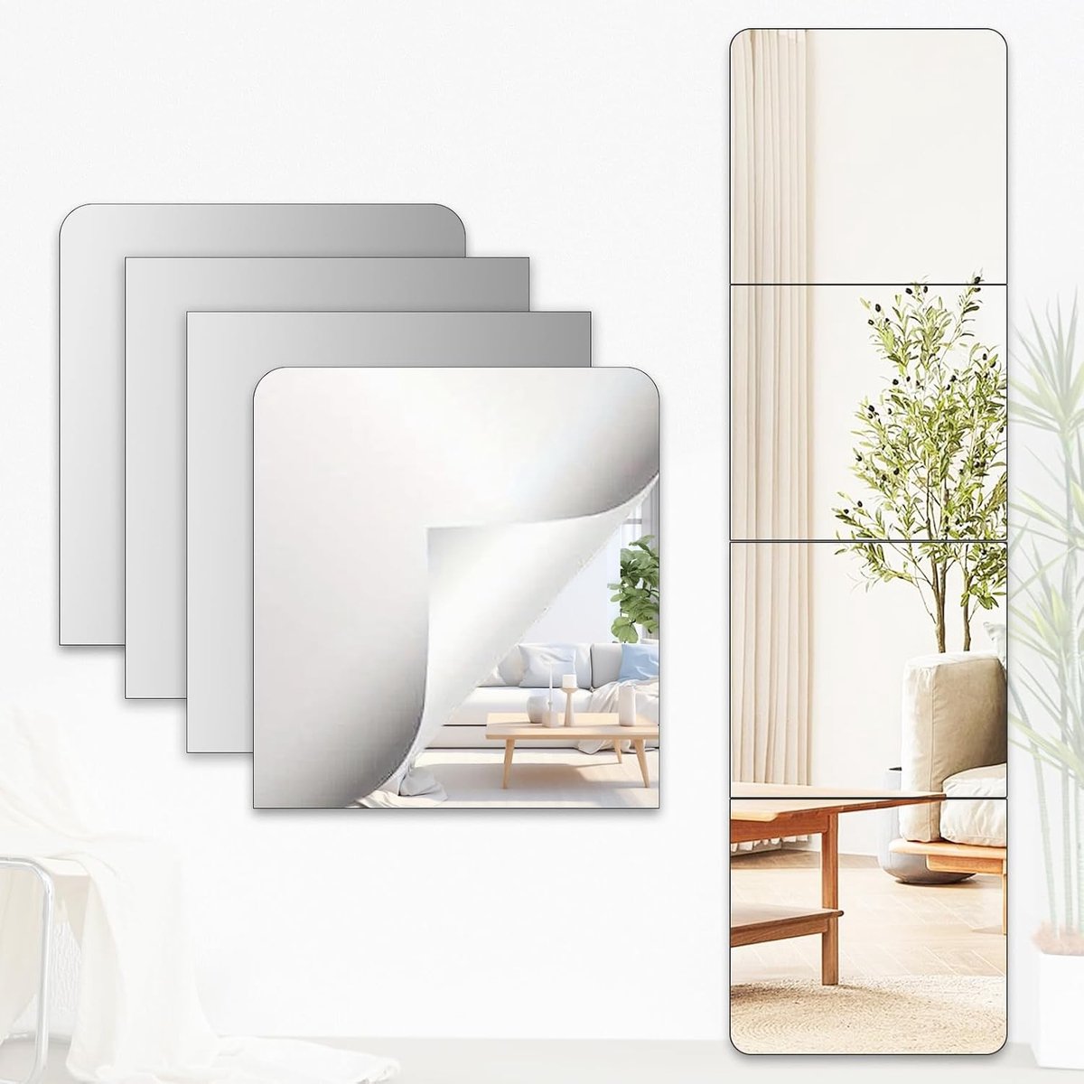 Set van 4 Veiligheid Spiegel Plakspiegels, Flexibele HD Zelfklevende Wandspiegels, Volledige Lichaam Spiegel voor Woonkamer en Badkamer, Acryl Spiegel (30 x 30 cm)