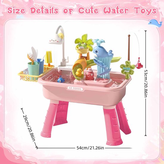 Watertafel Voor Peuters - Speelkeuken Met Waterpomp En Stromend Water - Speelgootsteen Met Speelvoedsel En Visspeelgoed - Sensorisch Buitenspeelgoed Voor Jongens En Meisjes - Roze — afbeelding 2