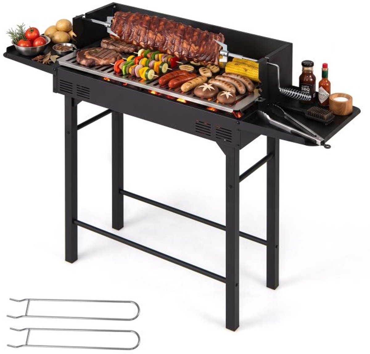 SureDeal® - Barbecue - Houtskoolbarbecue Wieltjes - Hoogte Verstelbaar Rooster - Draaispit - 120x32,5x90 cm - Donkerbruin