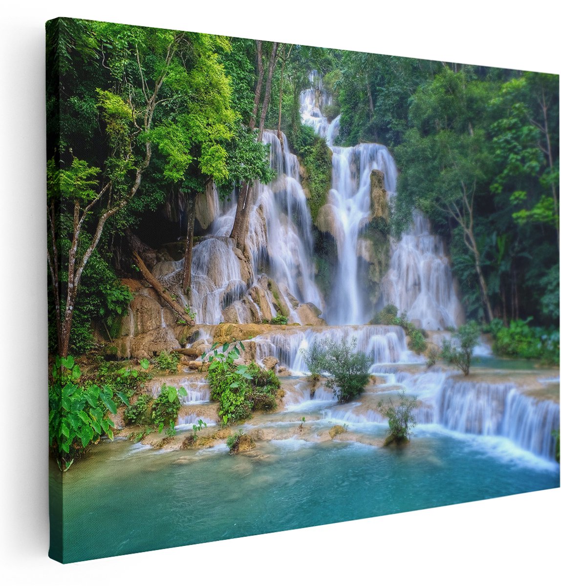 Artaza Canvas Schilderij Waterval In Het Tropische Natuur - 160x120 cm - Groot - Wanddecoratie Woonkamer - Schilderijen - Muurdecoratie