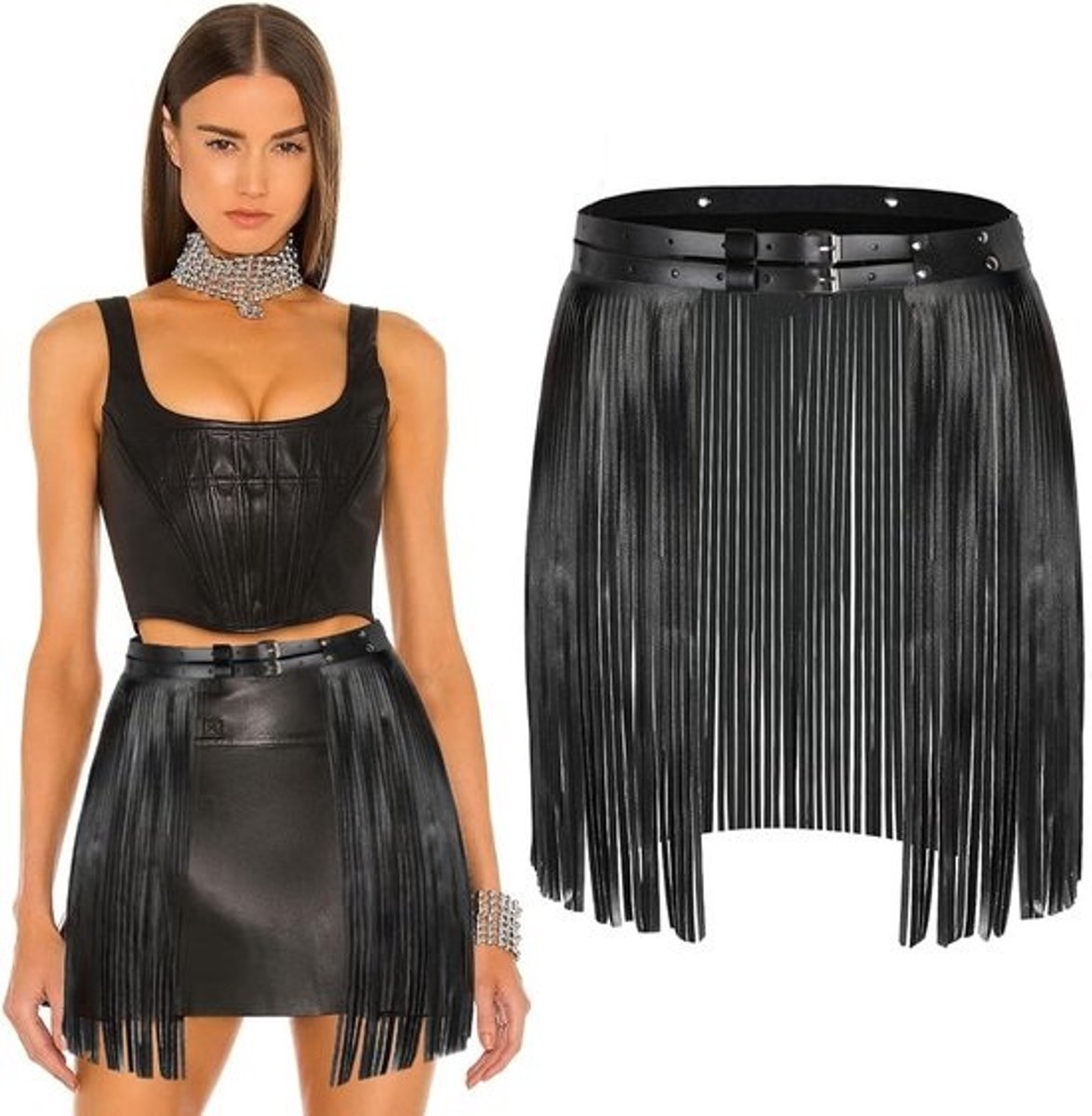 Zwarte Streaming Rok met Franjes en Tailleriem - Gothic Punk Festival Rave Outfit voor Dames