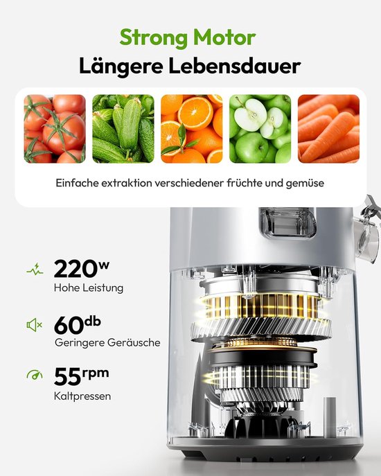 Slowjuicer Groenten Fruit - Sapcentrifuge Elektrisch - Gezond Sap Maken - Grote Vulopening 135mm - 18 Liter Volume - Zwart Zilver — afbeelding 4