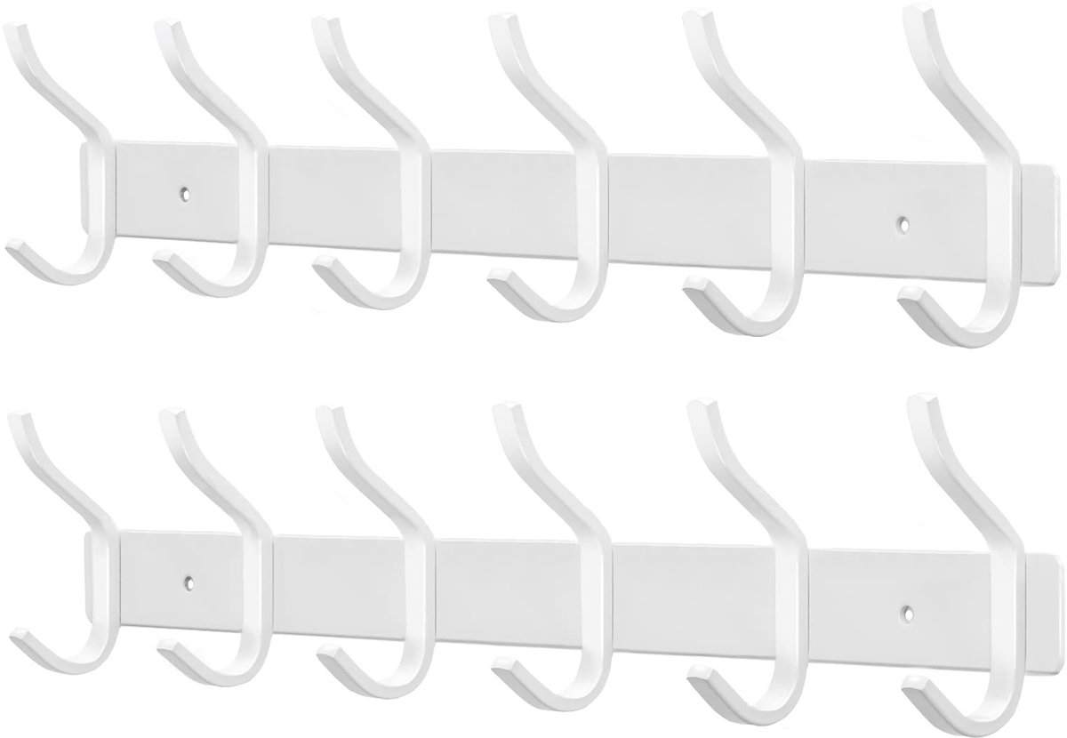 RVS Wandgarderobe - Met 6 Haken - Voor Slaapkamer Badkamer Keuken - Wit - 2 Stuks