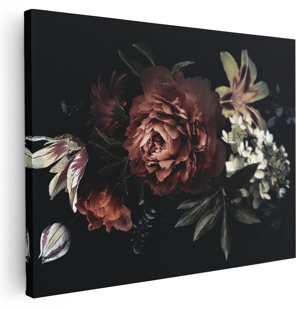 Artaza Canvas Schilderij Bloemen Op Een Zwart Achtergrond - 160x120 cm - Groot - Wanddecoratie Woonkamer - Schilderijen - Muurdecoratie