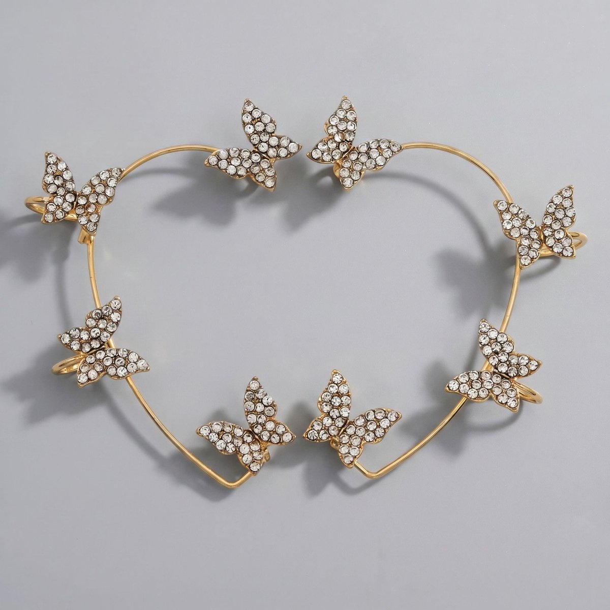 Elfen Oor Cuff, Handgemaakte Bloem Blad Oorversiering, Zonder piercing oorhaak voor bruiloft en fotoshoot，Gouden vlinder- en strass-oorbelhaakjes