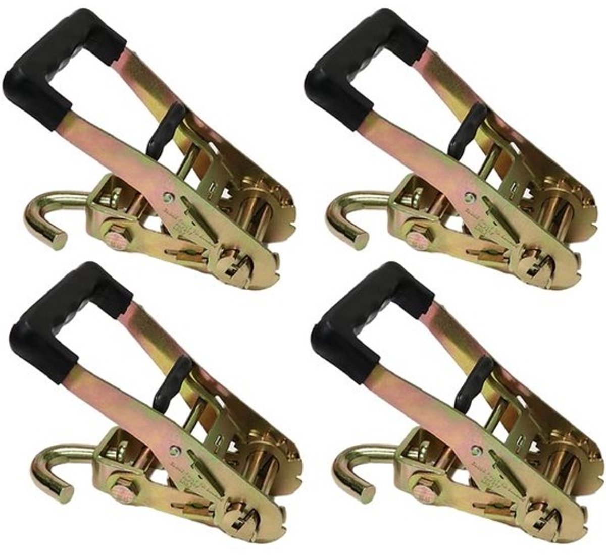 4 Pack Heavy Duty Rubber Handvat Ratchet Gesp met Swivel J Haak - Dubbele Locking, 3 kg Slepen, Cargo Control Tie Down