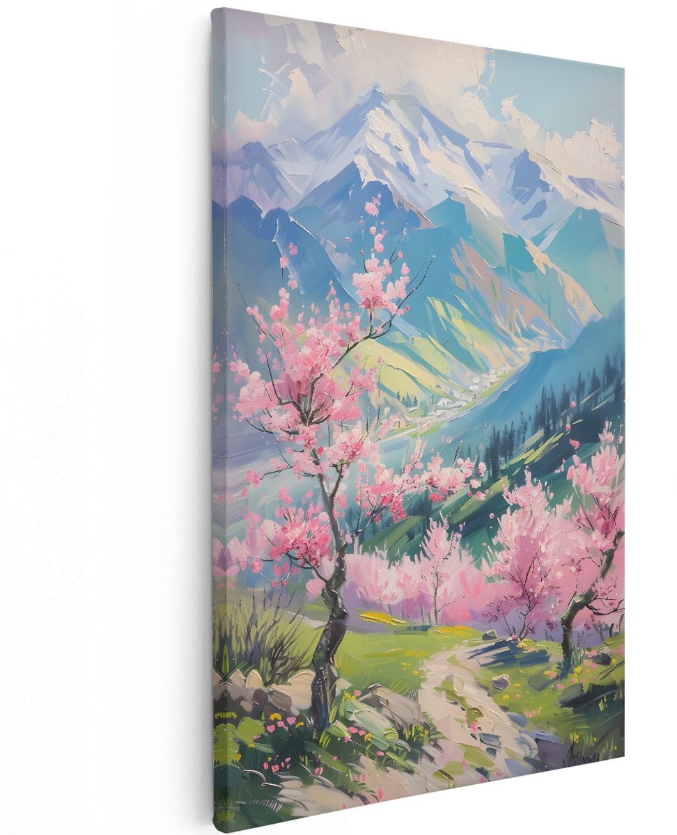 Artaza Canvas Schilderij Berglandschap - 120x180 cm - Groot - Wanddecoratie Kersenbloesem - Muurdecoratie Natuur - Decoratie Bergen Lente