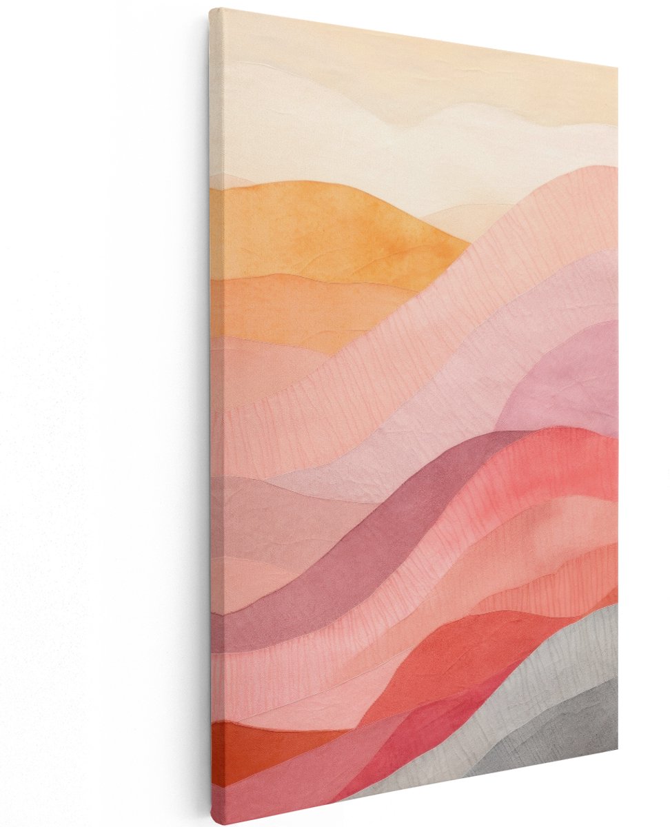 Artaza Canvas Schilderij Abstract Landschap - 120x180 cm - Groot - Wanddecoratie Boho - Muurdecoratie Pastel Golven - Decoratie Roze Heuvels