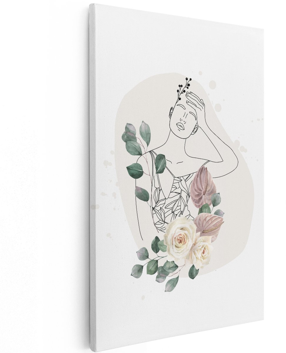 Artaza Canvas Schilderij Vrouw - 120x180 cm - Groot - Wanddecoratie Bloemen - Muurdecoratie Boho - Schilderijen Op Canvas Witte Rozen