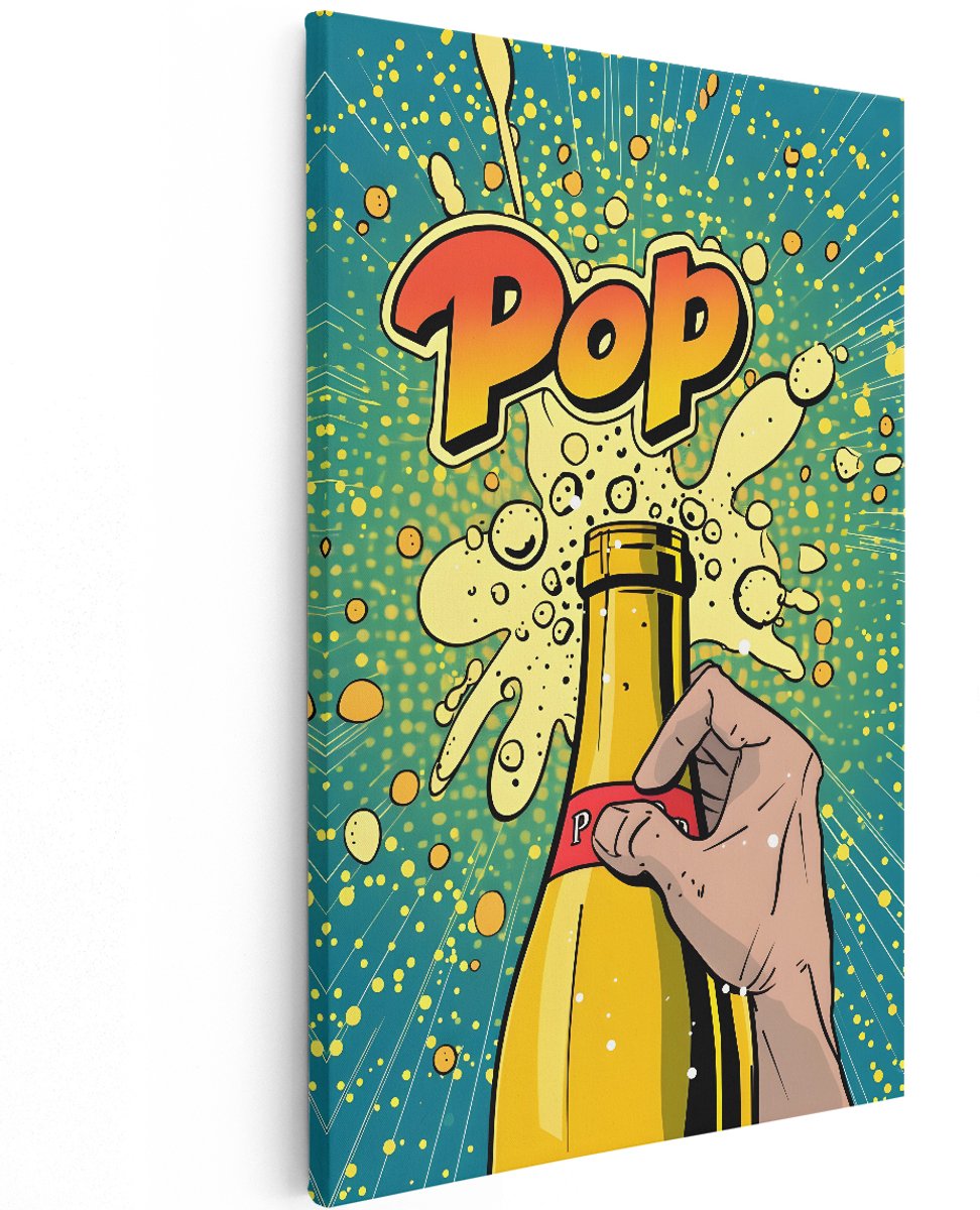 Artaza Canvas Schilderij Pop Art - 120x180 cm - Groot - Wanddecoratie Retro Fles - Muurdecoratie Champagne - Decoratie Woonkamer Geel