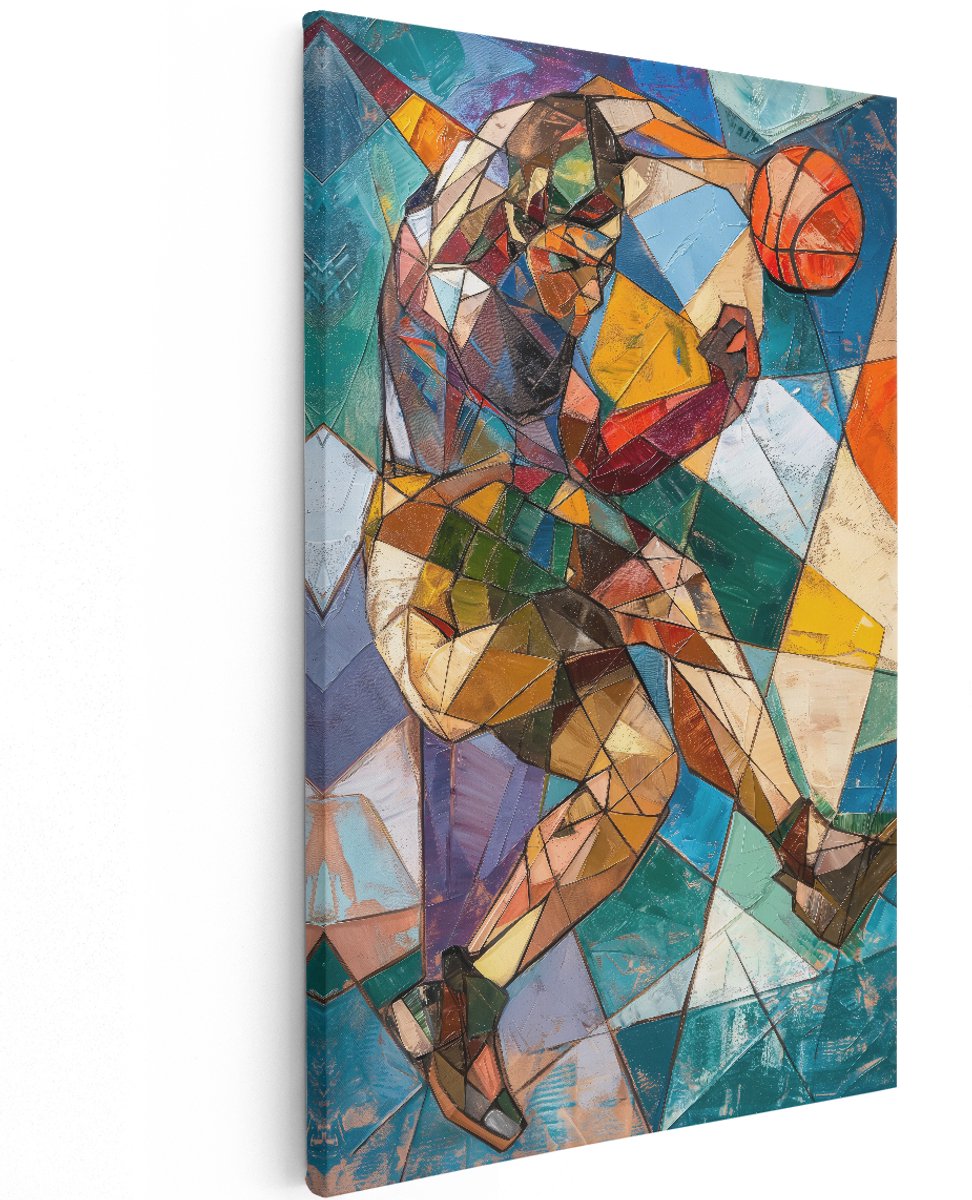 Artaza Canvas Schilderij Basketbalspeler - 120x180 cm - Groot - Wanddecoratie Abstract - Muurdecoratie Sport - Decoratie Geometrisch Kleurrijk