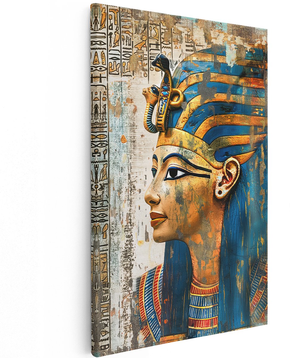 Artaza Canvas Schilderij Nefertiti - 120x180 cm - Groot - Wanddecoratie Goud - Muurdecoratie Egyptisch Portret - Decoratie Hiërogliefen Blauw