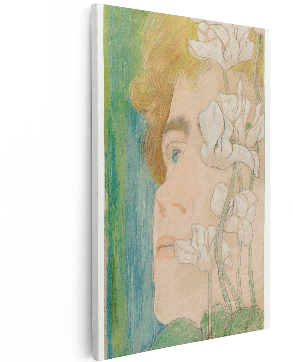 Artaza Canvas Schilderij Vrouw Met Bloemen - 120x180 cm - Groot - Wanddecoratie Cyclamen - Muurdecoratie Vintage Portret - Decoratie Art Nouveau