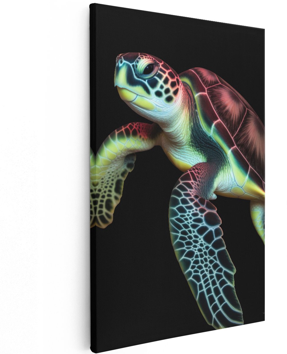 Artaza Canvas Schilderij Zeeschildpad - 120x180 cm - Groot - Wanddecoratie Dieren - Muurdecoratie Zee - Decoratie Kleurrijk - Zwart