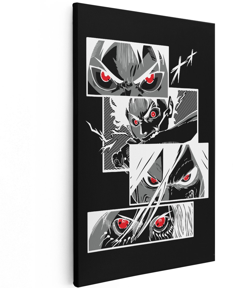 Artaza Canvas Schilderij Anime Ogen - 120x180 cm - Groot - Wanddecoratie Manga - Muurdecoratie Zwart Wit - Decoratie Slaapkamer - Rood