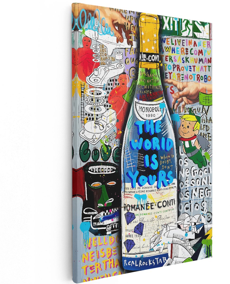 Artaza Canvas Schilderij Champagne Romanée-Conti - 120x180 cm - Groot - Wanddecoratie Popart - Muurdecoratie Graffiti - Decoratie Tekst Quote - Blauw
