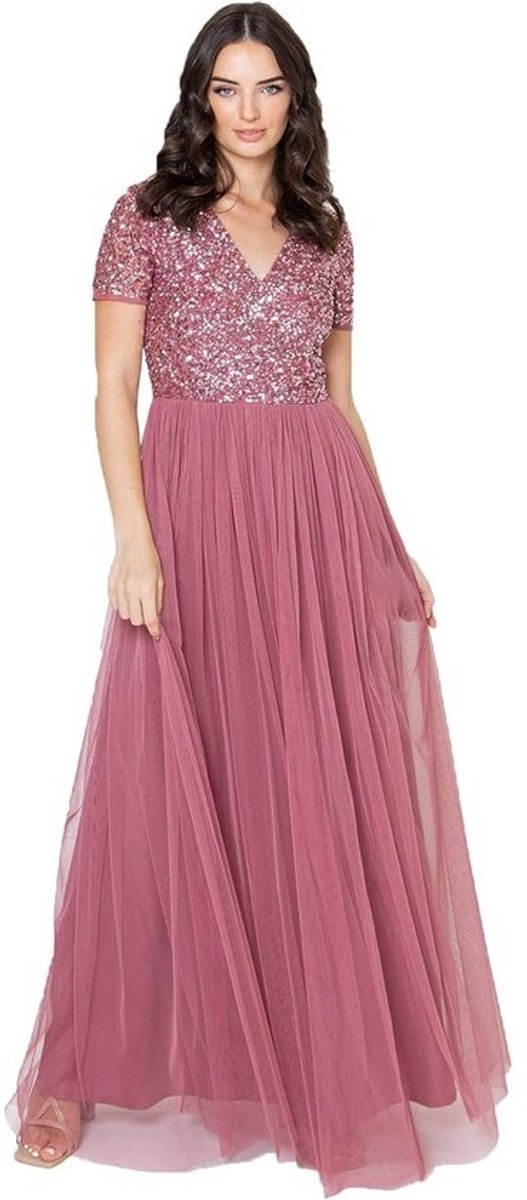 Elegante avondjurk met korte mouwen en pailletten