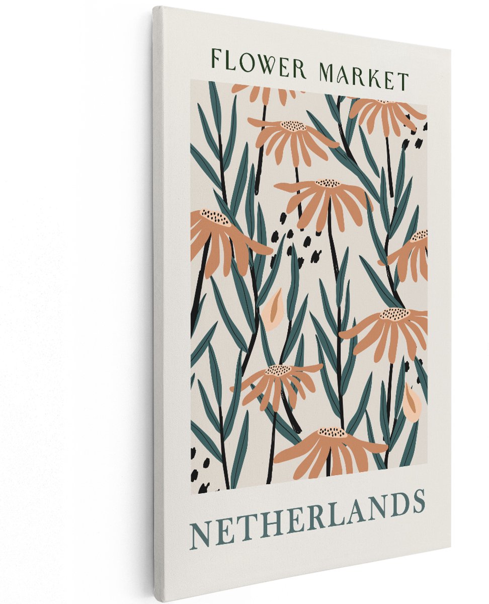 Artaza Canvas Schilderij Bloemenmarkt Poster - 120x180 cm - Groot - Wanddecoratie Bloemen Nederland - Muurdecoratie Boho - Decoratie Woonkamer Oranje