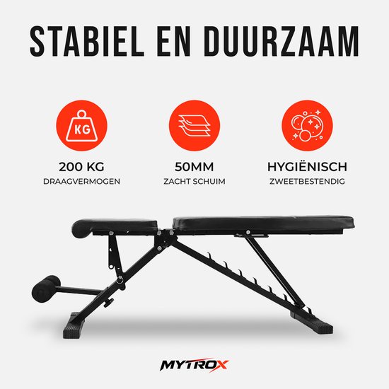 Zwarte halterbank met verstelbare rugleuning. Iconen tonen 200kg draagvermogen, 50mm schuim en hygiëne.