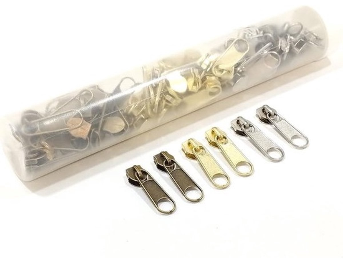 Ritssluitingsschuivers Set - Reparatiesets Schuifjes - Kleding Reparatie - 72 Stuks Inclusief - Maat 5 - Goud Zilver Antiek