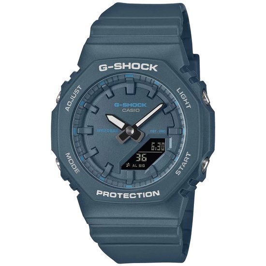 Blauw G-Shock horloge met analoge wijzerplaat met lichte accenten en digitale weergave.