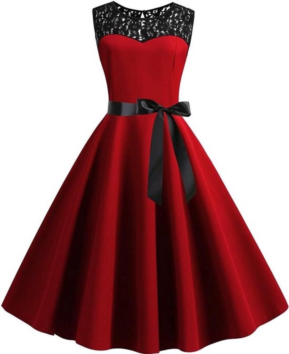 Vintage jurk dames 50s stijl - Knielange swing jurk met kanten details - Feestjurk Avondjurk Borreljurk - Mouwloos Korte mouwen Lange mouwen