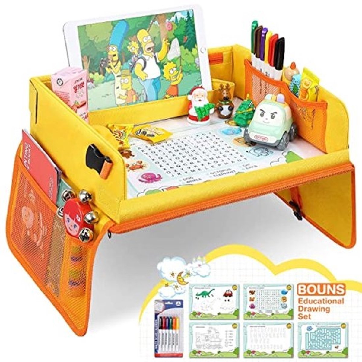 Multifunctionele Kinderreistafel en Speelblad voor Kinderen – Verstelbare Eettafel en Autostoel met Kleurpotloden en Tekenpapier