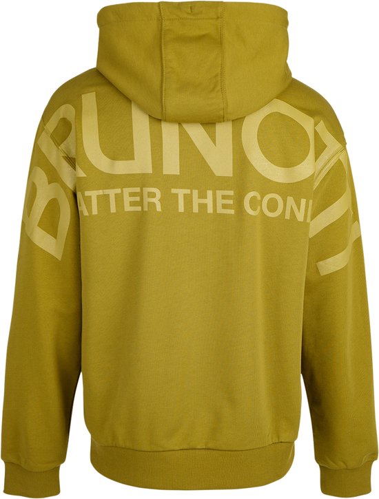 Olijfgroene hoodie met Brunotti-tekst in grote, lichtere letters op de achterkant.