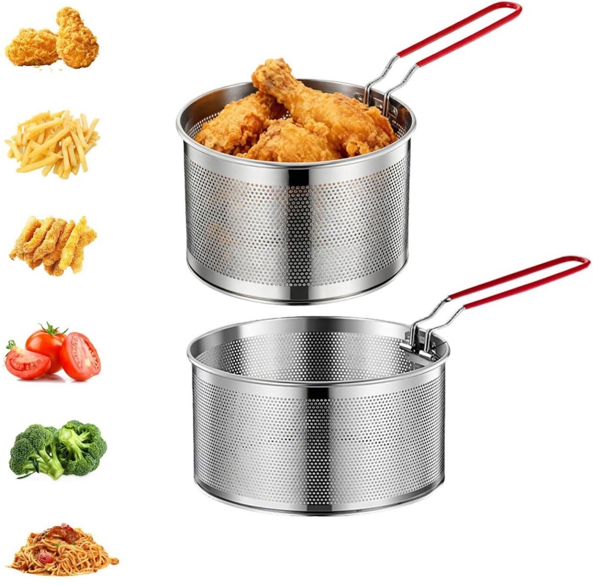 SSTRWGOOD Frituurmand van roestvrij staal - Set van twee - 18 cm + 20 cm - Friteuse - met afneembaar handvat - Kan gebruikt worden als pastavergiet, frituurmand en vergiet geschikt voor friet, groenten en pasta - Ruimtebesparend