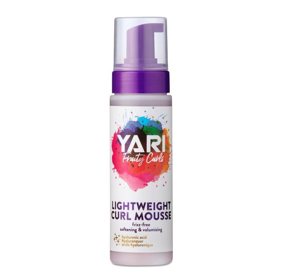 Flacon YARI Fruity Curls LIGHTWEIGHT CURL MOUSSE avec distributeur pompe violet. Graphisme avec des éclaboussures de peinture colorées.
