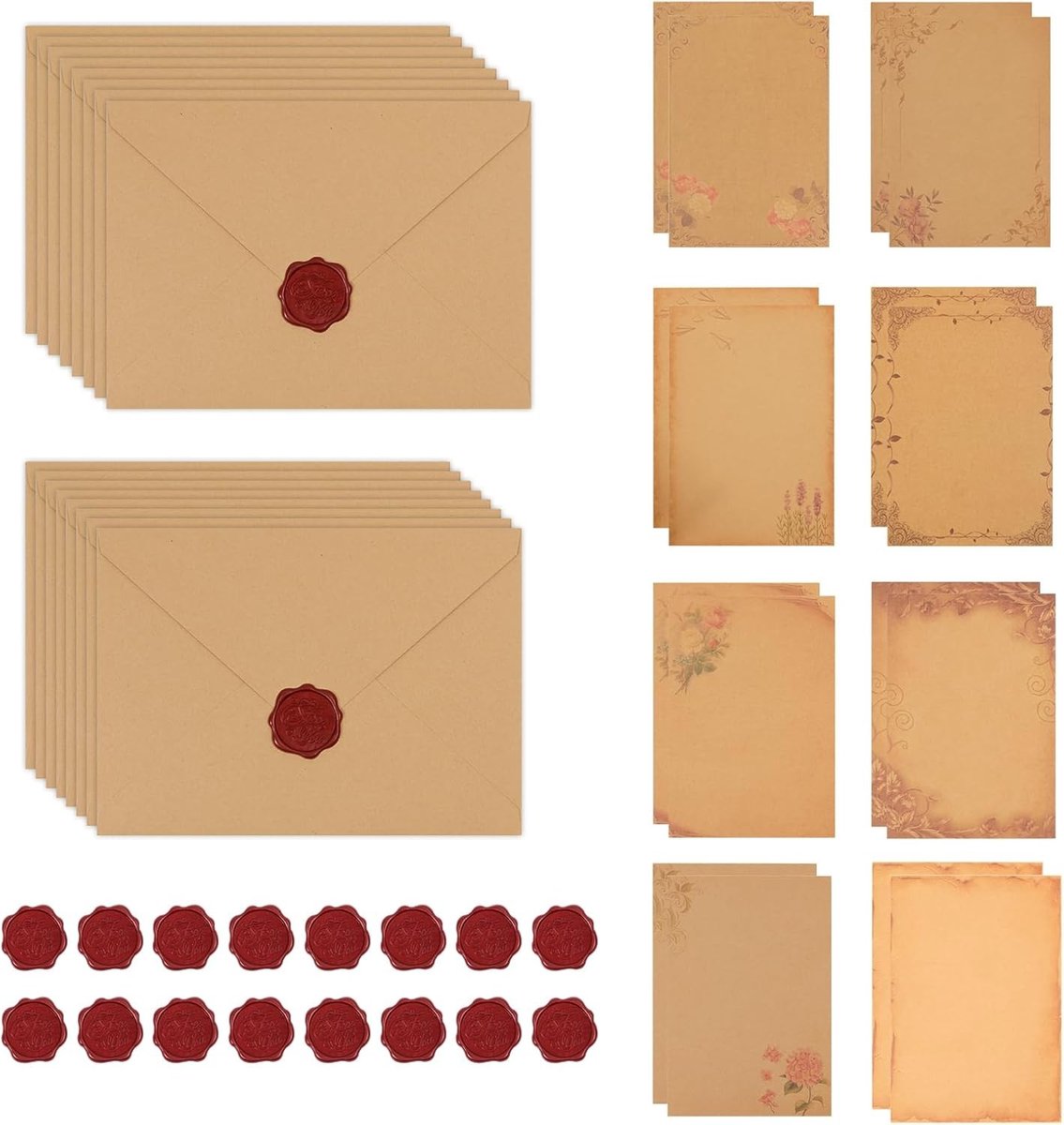 Stijlvol vintage briefpapier met enveloppen in 8 verschillende designs voor brieven en kaarten
