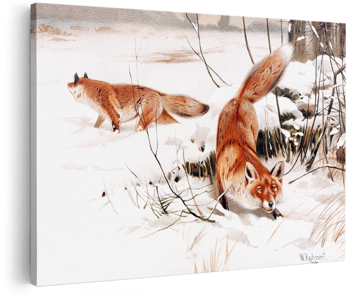 Artaza Canvas Schilderij Vos - 180x120 cm - Groot - Wanddecoratie Dieren - Muurdecoratie Winter - Vintage Schilderijen Natuur