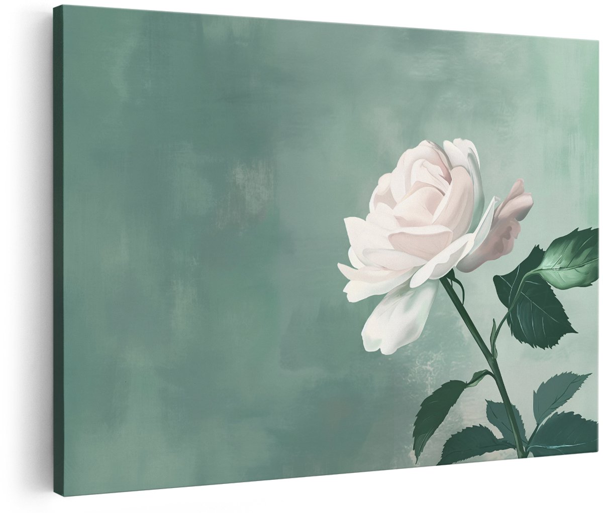 Artaza Canvas Schilderij Witte Roos - 180x120 cm - Groot - Wanddecoratie Bloemen - Muurdecoratie Vintage - Schilderijen Natuur - Groen