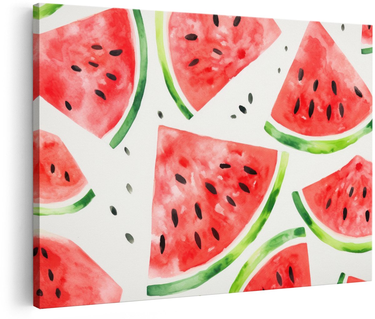 Artaza Canvas Schilderij Watermeloen - 180x120 cm - Groot - Wanddecoratie Fruit - Muurdecoratie Aquarel - Schilderijen Op Canvas Keuken - Rood
