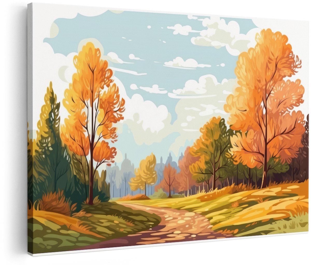 Artaza Canvas Schilderij Herfstlandschap - 180x120 cm - Groot - Wanddecoratie Natuur - Muurdecoratie Bos - Decoratie Bomen - Oranje
