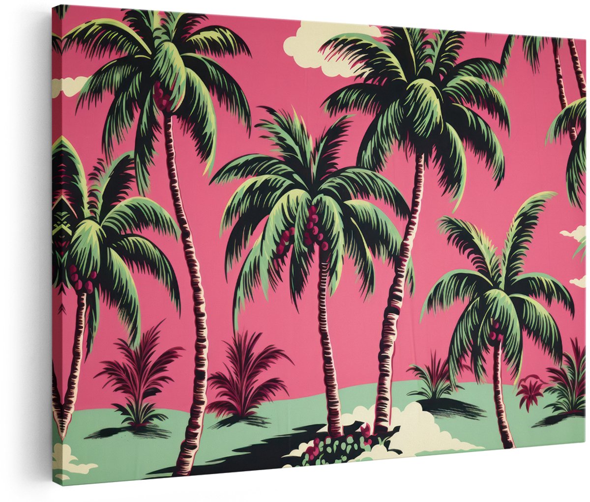 Artaza Canvas Schilderij Palmbomen - 180x120 cm - Groot - Wanddecoratie Tropisch - Muurdecoratie Retro - Decoratie Roze Woonkamer - Vintage