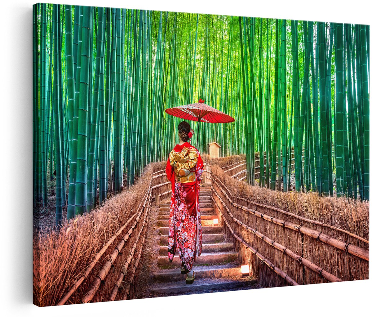Artaza Canvas Schilderij Japanse Vrouw in het Bamboebos - 180x120 cm - Groot - Foto Op Canvas - Wanddecoratie Woonkamer