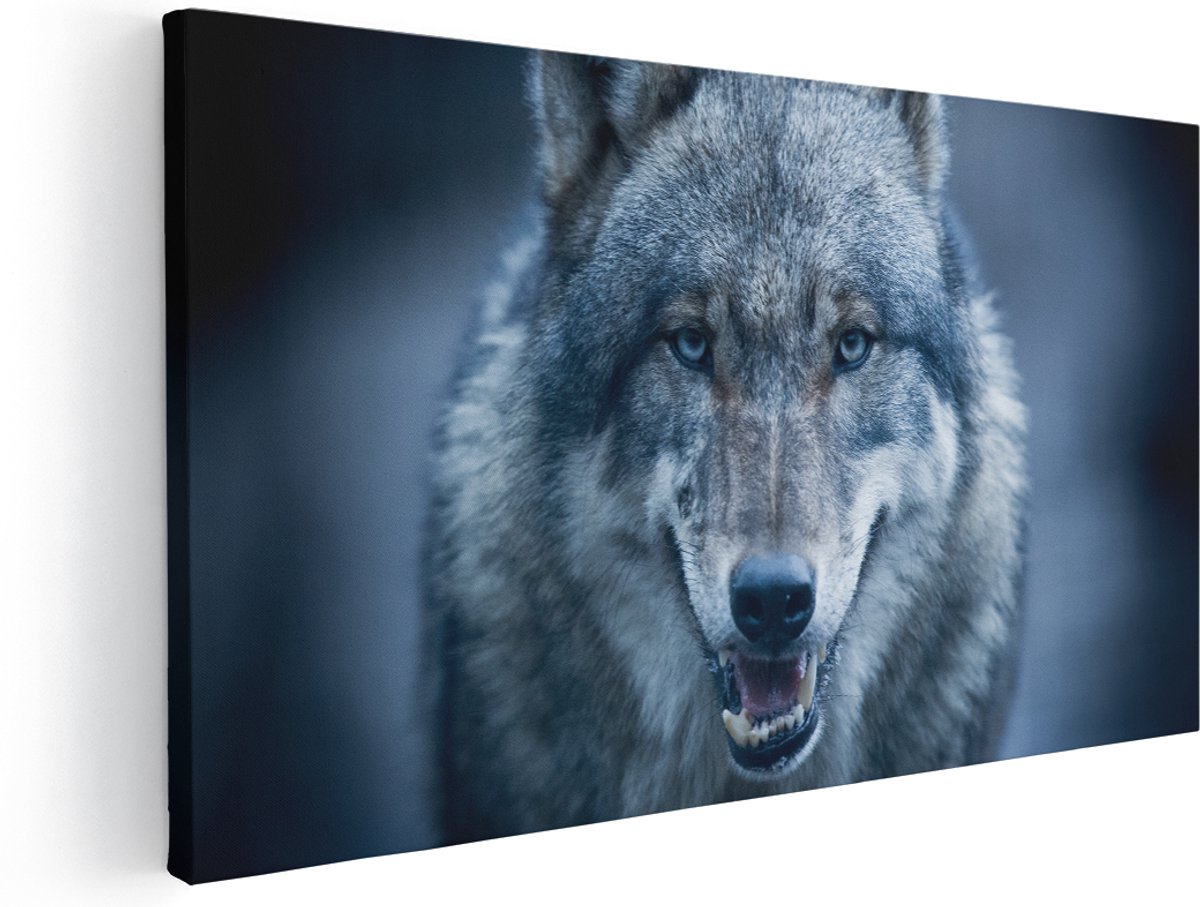 Artaza Canvas Schilderij Wolvenkop Met Blauwe Ogen - Wolf - 180x90 cm - Groot - Wanddecoratie Woonkamer - Schilderijen - Muurdecoratie